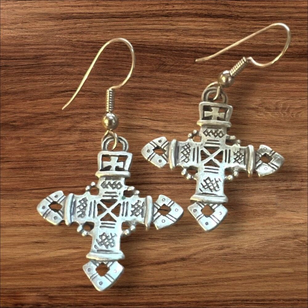 Vintage JJ Jonette Pewter Southwestern Cross Dangle Earrings 1980s